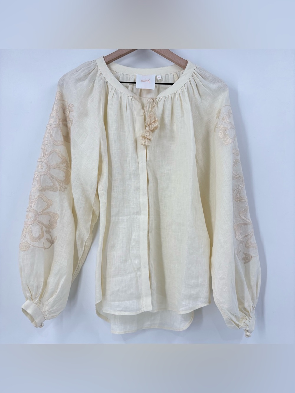 Eleven March 11 Cream Embroidered Linen Peasant Blouse